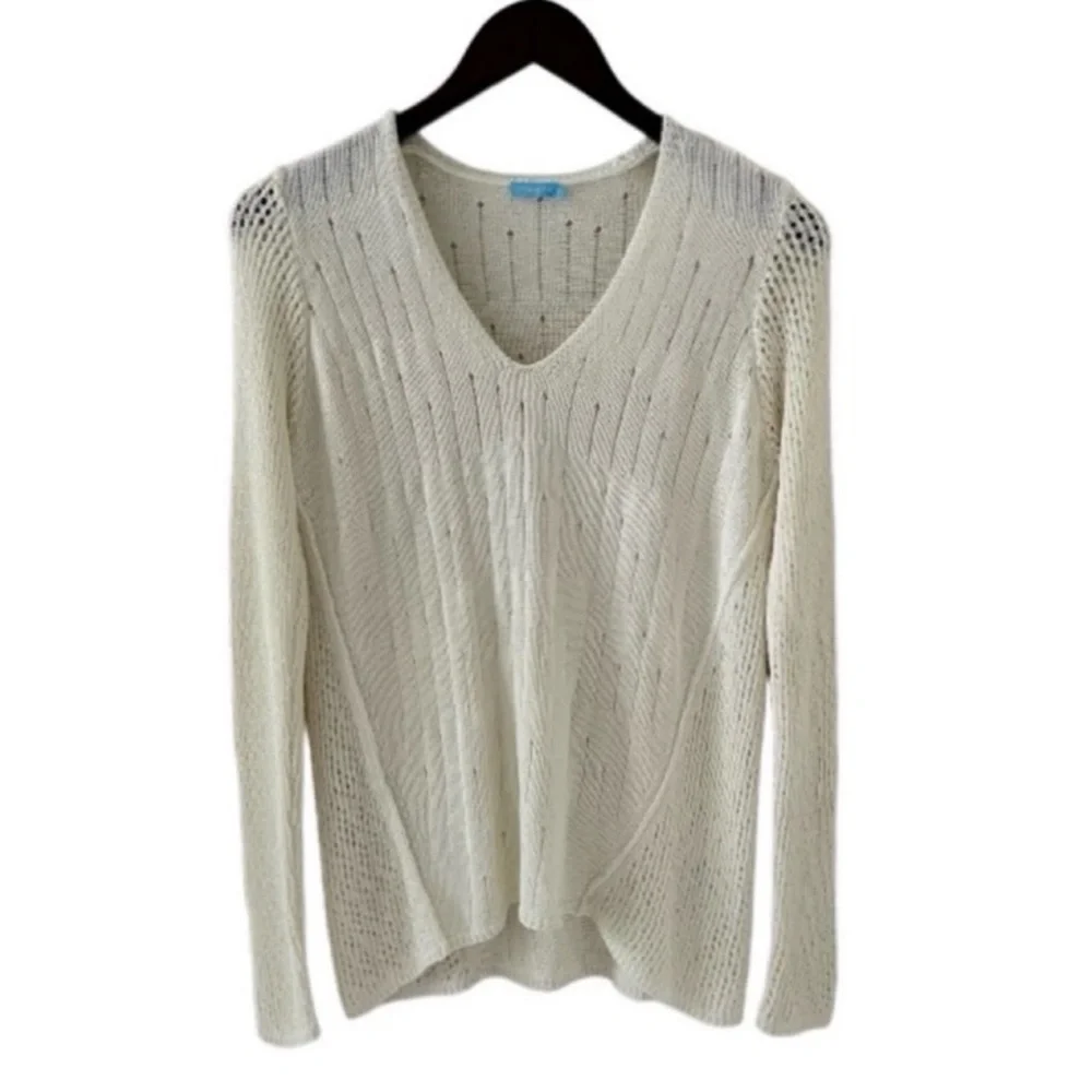 J. McLaughlin Cream V-Neck Open Stitch Long Sleeve Knit Sweater Size Small - Picture 9 of 9